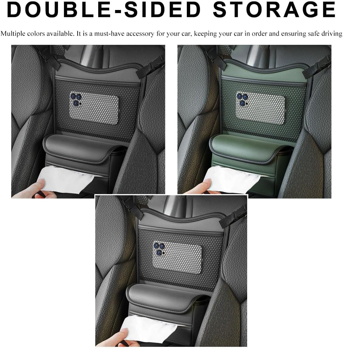 Car Organizer Storage Between Seats, Leather Car Console Hanging Storage Organizer with Mesh Pocket Tissue Box, Multi-Functional Large Capacity Headrest Holder Bag for Purse Snack (Green)