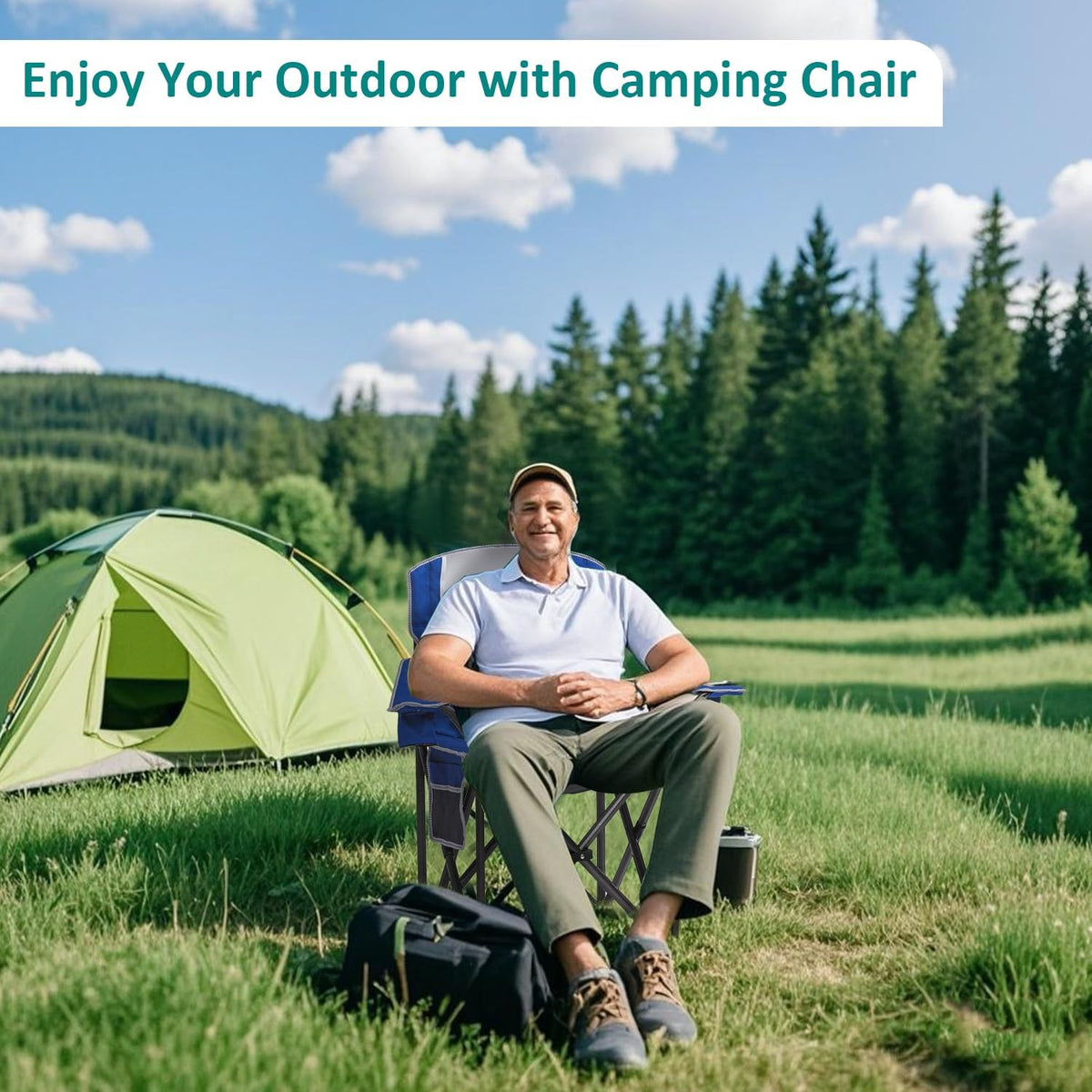 Skiennix Heavy-Duty Camping Chairs - 500lbs Capacity, High Back, Padded, Blue | 2-Pack with Cooler Bag & Cup Holder