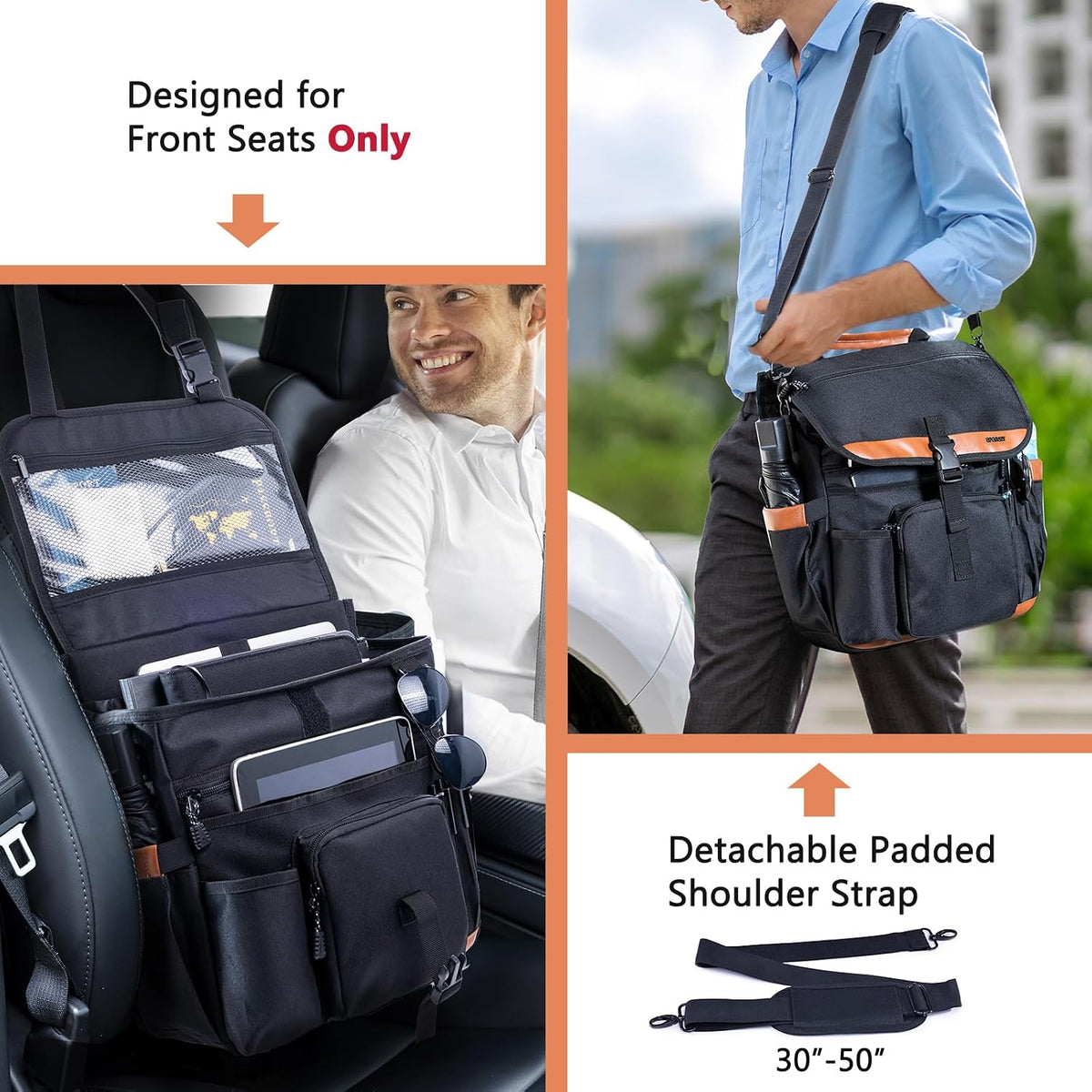 Car Seat Organizer with Lid and Laptop Compartment (Fits 15.6"), Front Seat Passenger Organizer with Adjustable Strap, Multiple Pockets, Portable Office Bag, Water-Resistant 1200D Polyester