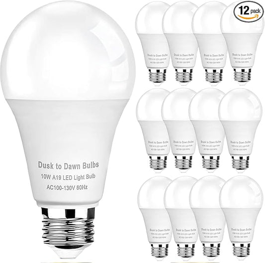GEPLAD 12-Pack Dusk to Dawn Light Bulbs Outdoor 75 Watt Equivalent, Automatic On/Off Sensor LED Light Bulb, 10W Daylight 5000K, 1100 Lumen, A19 E26 Bulbs