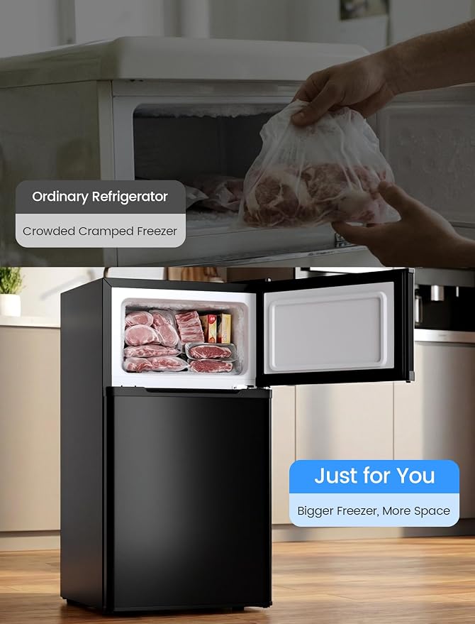 COWSAR 3.2 Cu.Ft Mini Fridge with Freezer for Bedroom Office, Black | Single Reversible Door, 7 Temperature Settings, Energy Saving, 2 Removable Shelves, Compact Small Fridge for Apartment Dorm