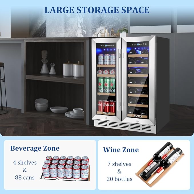24 Inch Wine and Beverage Refrigerator, Dual Zone Wine Beverage Fridge with Glass Door, Built-In/Freestanding Beverage Cooler 24" with French Door, Holds 20 Bottles and 88 Cans for Home/Kitchen