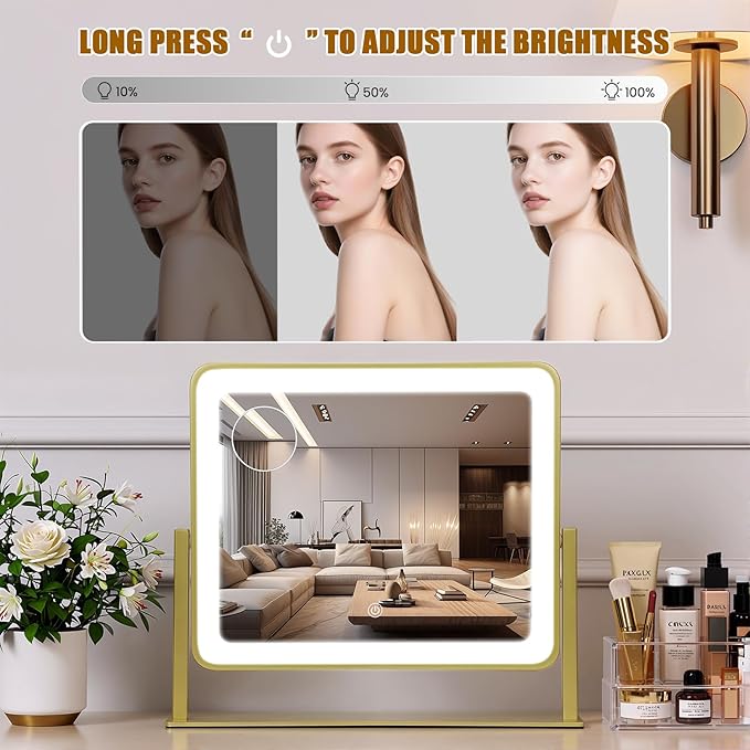 Rechargeable Vanity Mirror with Lights, 3000mAH Battery, 14"×12" LED Makeup Mirror, 10X Magnification, Smart Touch with 3-Color Lighting, 360° Rotation, Lighted Up for Makeup Desk, Bedroom (Gold)