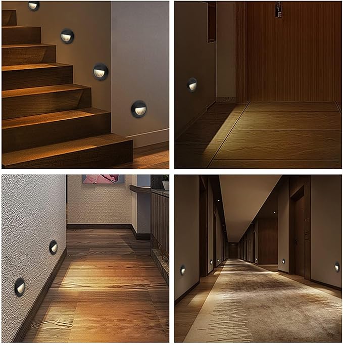 3W Recessed Wall Light, Round Stair Lights, Warm White Wall Light with Recessed Box, 230 V 65 mm Wall Lighting Aluminium Waterproof Staircase Recessed Step, Black (Pack of 4)