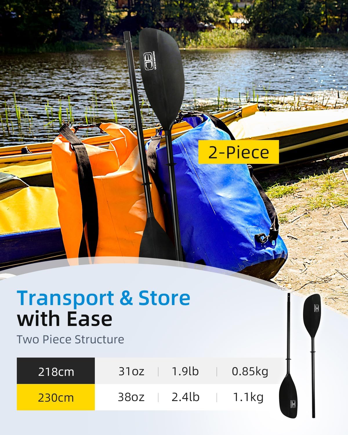 OCEANBROAD Kayak Paddle - Floatable 2-Piece Alloy Shaft Oar | 86in/218cm & 90.5in/230cm Options