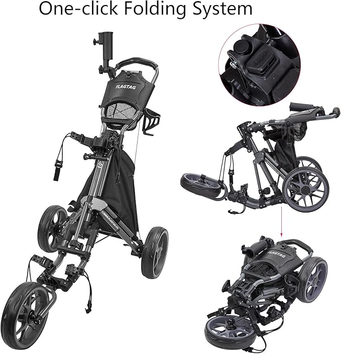 Golf Push Cart 3 Wheel,Foldable Golf Push Cart,Golf Bag Cart with Foot Brake,Umbrella Holder, Cup Holder, Storage Compartment