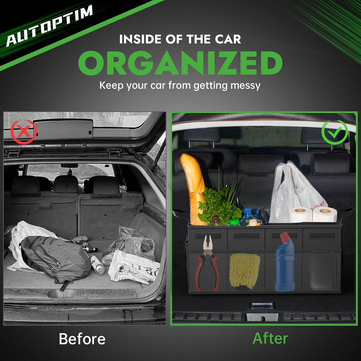 AUTOPTIM Car Trunk Organizer - 65L Collapsible Car Organizer with Non Slip Bottom & Multiple Pockets for Groceries, Trunk Storage with Base Panel for SUV Sedan Van, 2 Compartments (Black, Large)