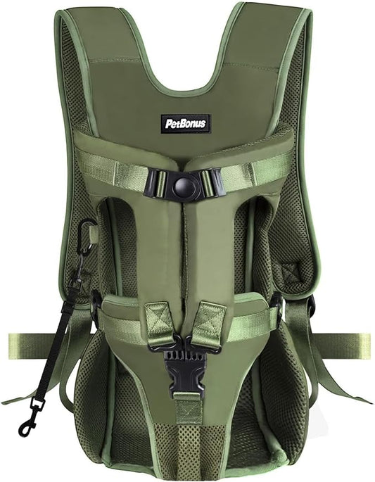 PetBonus Pet Front Dog Carrier Backpacks, Adjustable Pet Backpack, Legs Out Easy-fit Puppy Chest Carrier for Medium Small Dogs, Hands Free for Hiking, Cycling (Army Green, S)