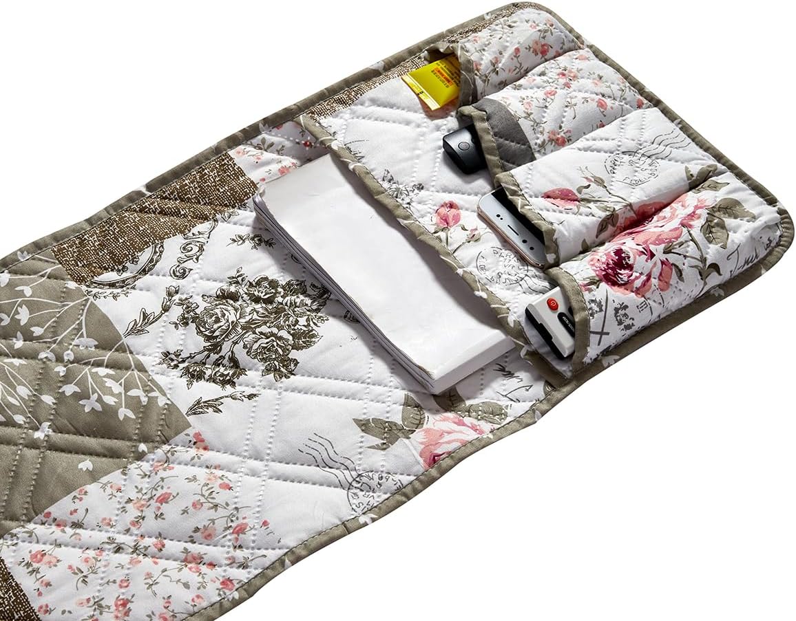 Brilliant Sunshine Pink Rose & Grey Toile Couch Armrest Cover, 35"×13"