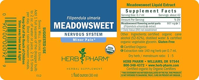 Herb Pharm Certified Organic Meadowsweet Liquid Extract for Minor Pain - 1 Ounce (DMEAD01) (Pack of 3)