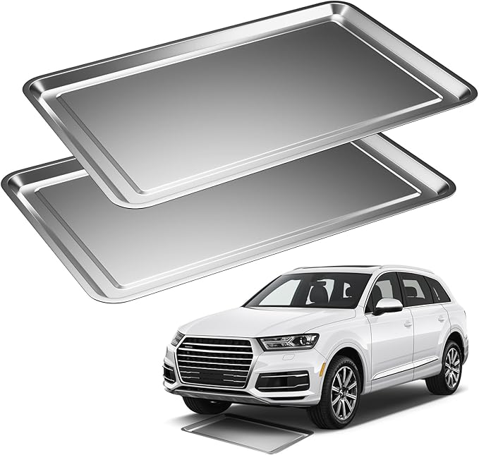 2 Pcs Under Car Oil Pans for Changing Oil, Motorcycle Automotive Oil Change Pan Silver Rust Resistant Drip Tray, Oil Catch Pan Replacement Tray for Garage Machinery Supplies (27.56 x 19.69 Inch)