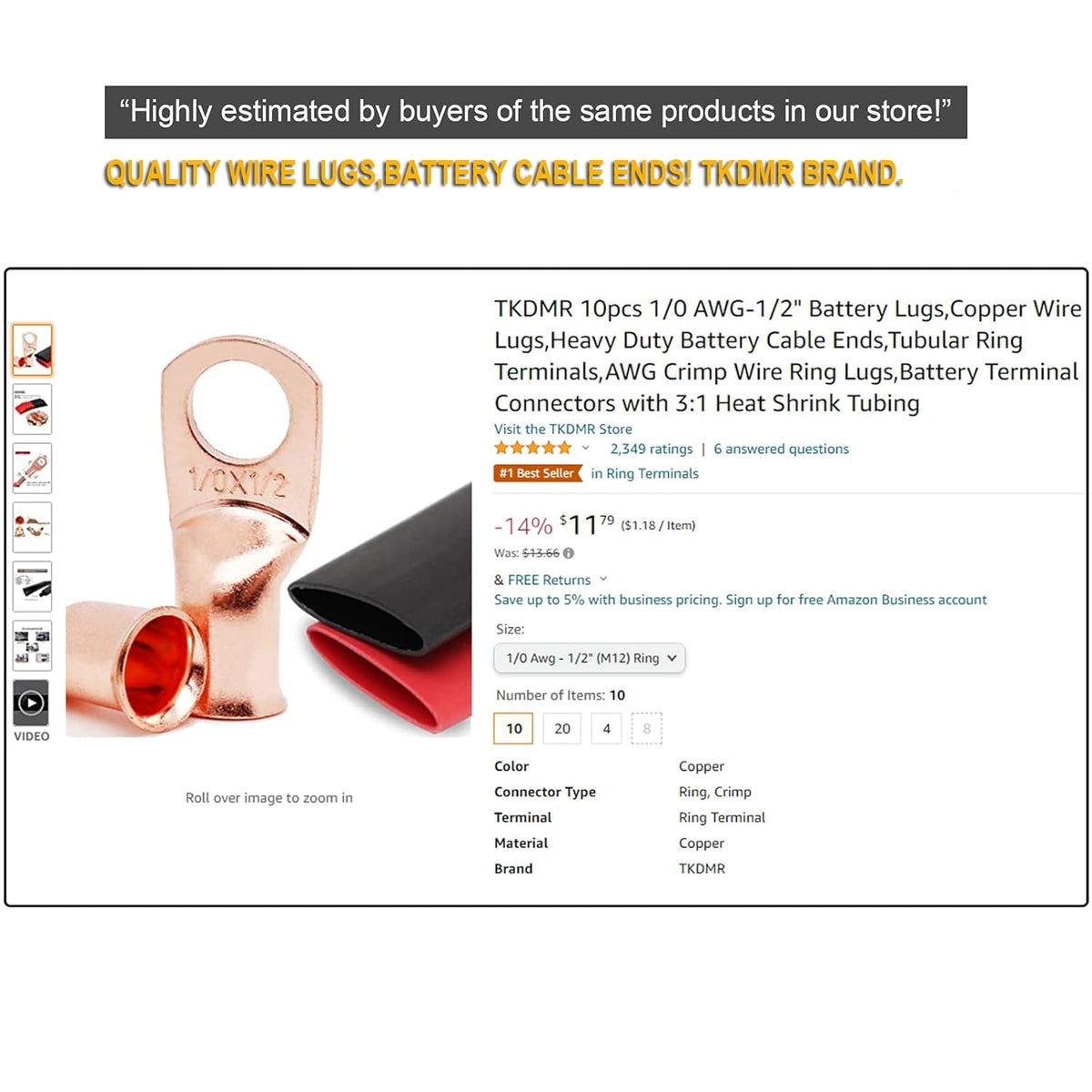 Skiennix 10-Pack Marine Grade Copper Wire Lugs - 2 AWG with 3:1 Heat Shrink Tubing | Heavy-Duty Battery Cable Ends