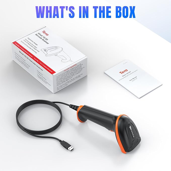 Tera Upgraded USB 1D 2D QR Barcode Scanner Wired, Officially Certified