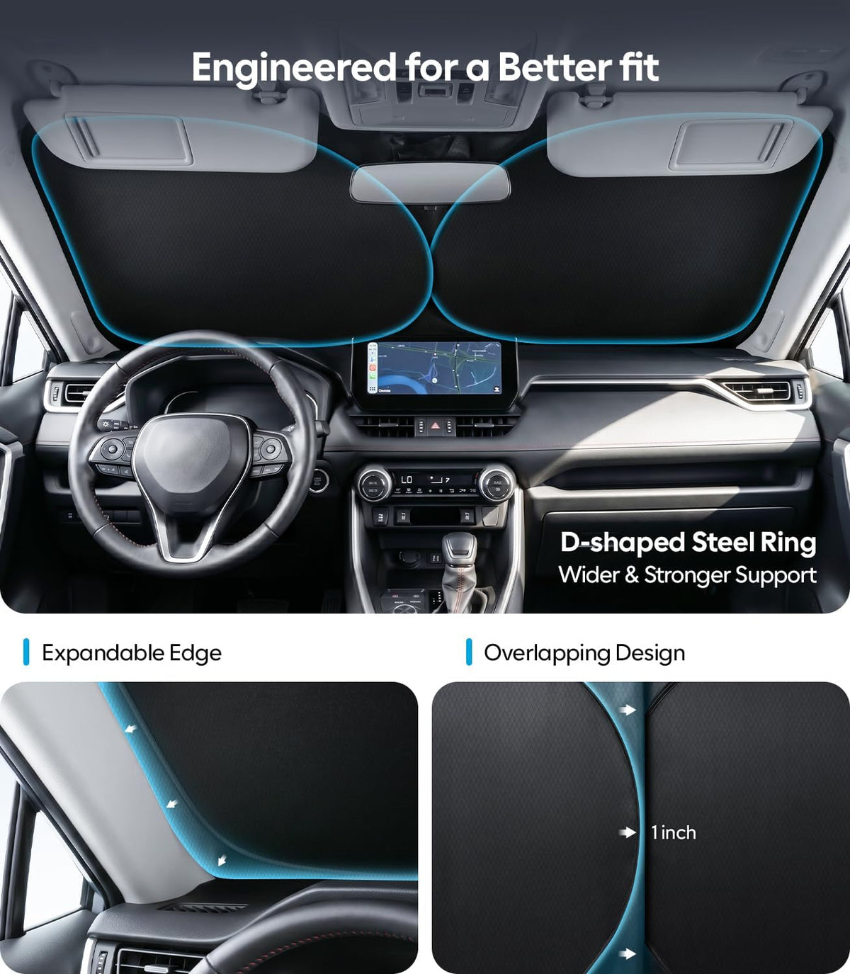 Wigoo 2026 Upgrade Universal Car Windshield Sun Shade [100% Light Block, Durable 210D Oxford] Foldable Heat Insulation Interior Sun Visor to Keep Interior Cool with Storage Bag, M(64"x32")