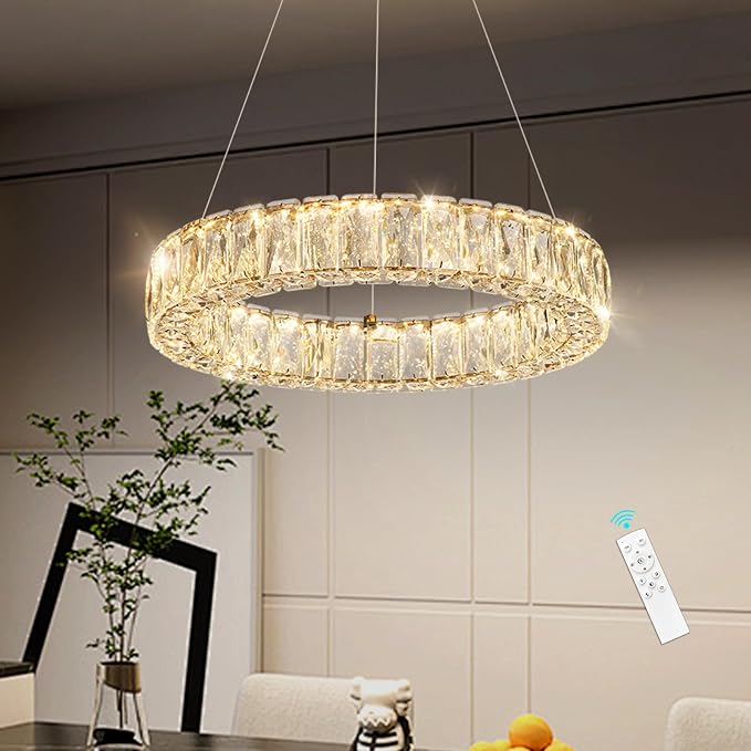 HAIXIANG Modern Crystal Chandelier Dimmable LED 16 Inch Ring Pendant Lights