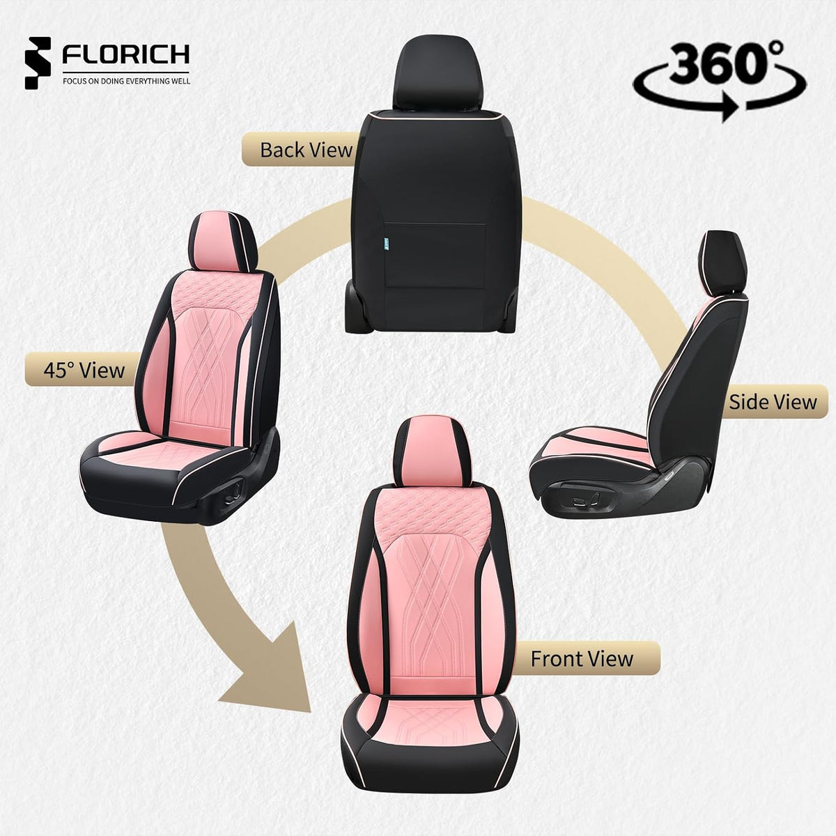 FLORICH Automotive Seat Covers Leather Pink Seat Covers for Cars Front Seats Waterproof Breathable Car Seat Cushion Comfort Interior Covers Universal Fit for Most Car Truck SUV Driving, Black&Pink