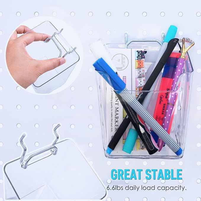 G.CORE Large Pegboard Cups Peg Board Storage Bin 6 Pack with Hooks, Square Box Shape Pegboard Cup Holder Accessories for Garage Workbench/Craft Room/Office/Playroom/Home Kitchen Organization (Clear)