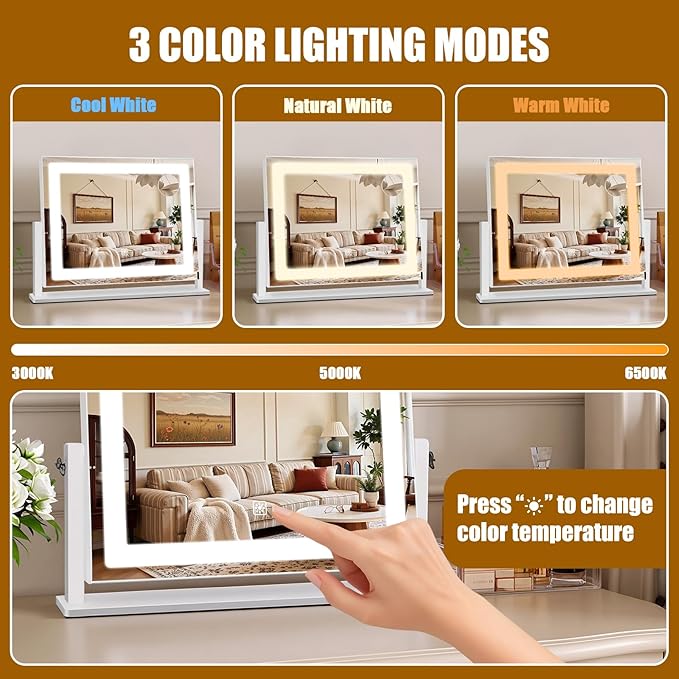 Rechargeable Vanity Mirror with Lights, 3000mAH Battery, 16"×12" LED Makeup Mirror, 10X Magnification, Smart Touch with 3-Color Lighting, 360° Rotation, Lighted Up for Makeup Desk, Bedroom (White)
