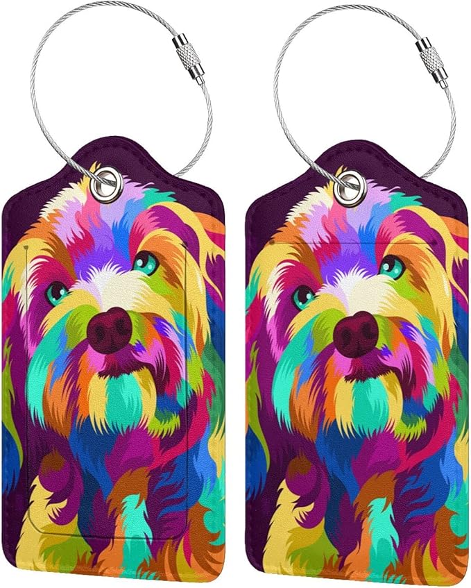 2 Pack Colorful Dog Luggage Tag for Women Girls Kids, Printed Leather Bag Tags for Suitcase Artistic Animal Travel Backpack Labels with Privacy Cover Name ID Card
