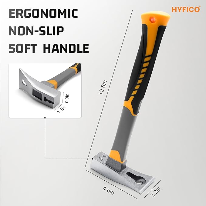 Pry Bar Hammer with Nail Puller - Unique Hammer Head 12.5" 18oz Pry Bar - Multi-Functional Tool with Cats Paw, Crowbar | Rubber Grip, Polished Beveled Claws - Forged Steel Design for Strength
