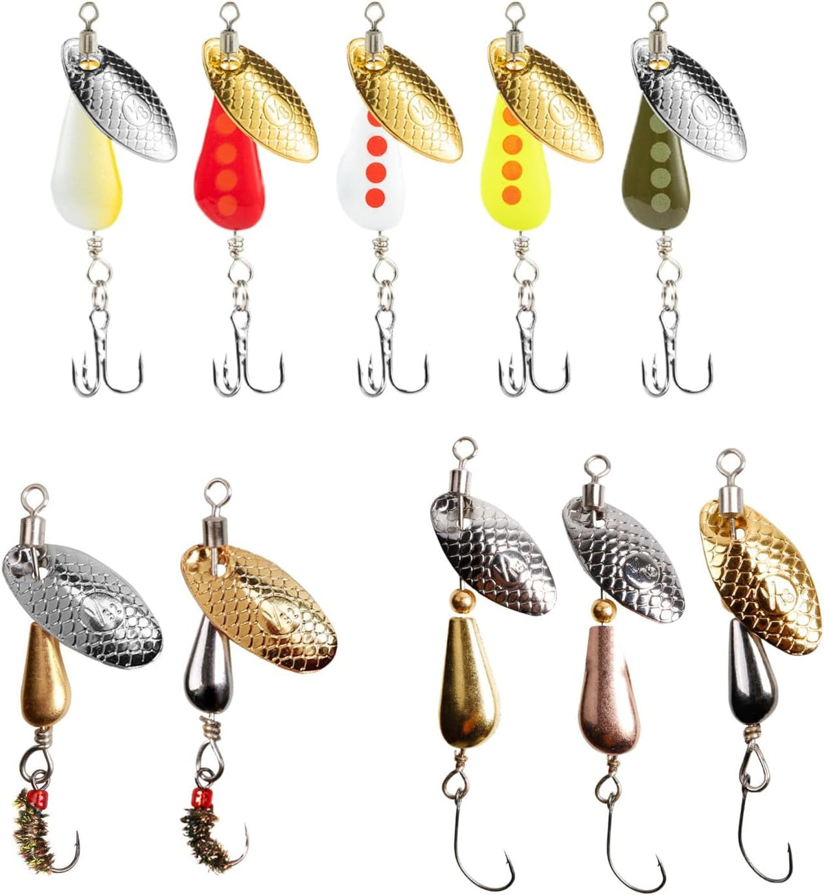 SHIAWASENA Fishing Spinners - 10pcs Trout Lures Kit with High-Reflective Flash Spoons | Inline & Treble Hooks
