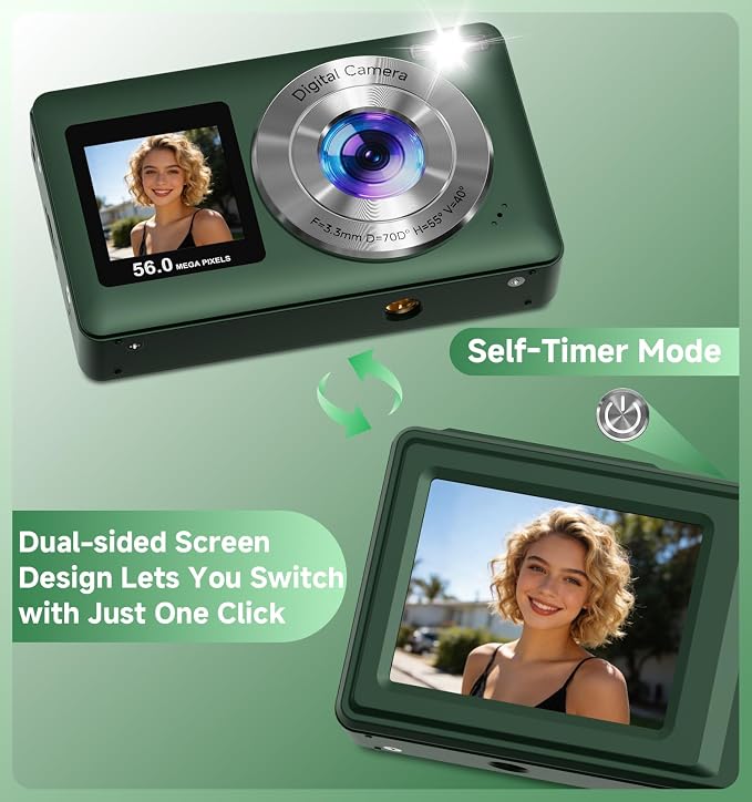 Digital Camera, 56MP Dual Screen Autofocus Vlogging Camera, 16X Zoom Point and