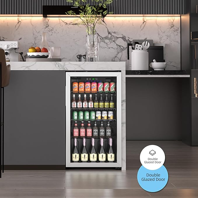 Erivess Mini Fridge 126Can Beverage Refrigerator Cooler Glass Door for Soda | 3.2 Cu Ft Drink Fridge for Home/Bar/Office with LED Display, Digital Temperature Control, Removable Shelves for Wine, Silver