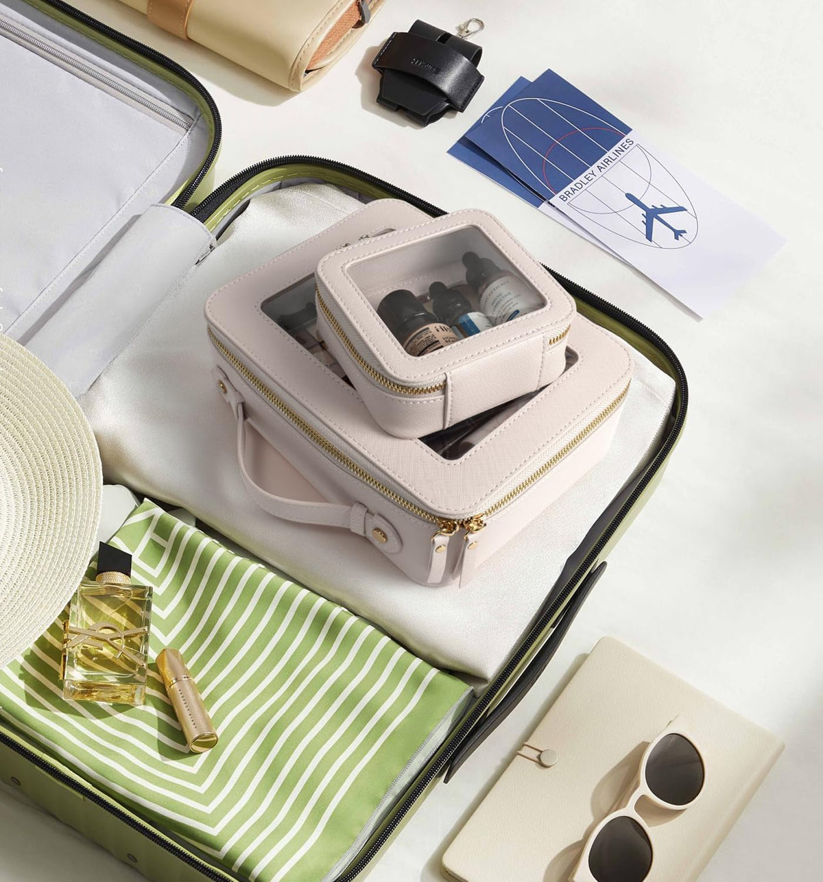Cute Clear Makeup Bag for Purse,Travel Cosmetic Case for Girls(Mini Beige)