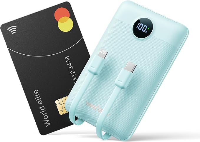 Mini Portable Charger with Built-in Cables 20W Fast Charging Power Bank USB-C Small Battery Pack 10000mAh Travel Essential Slim Battery for iPhone 17/16/15/14, Samsung 25/24, and More