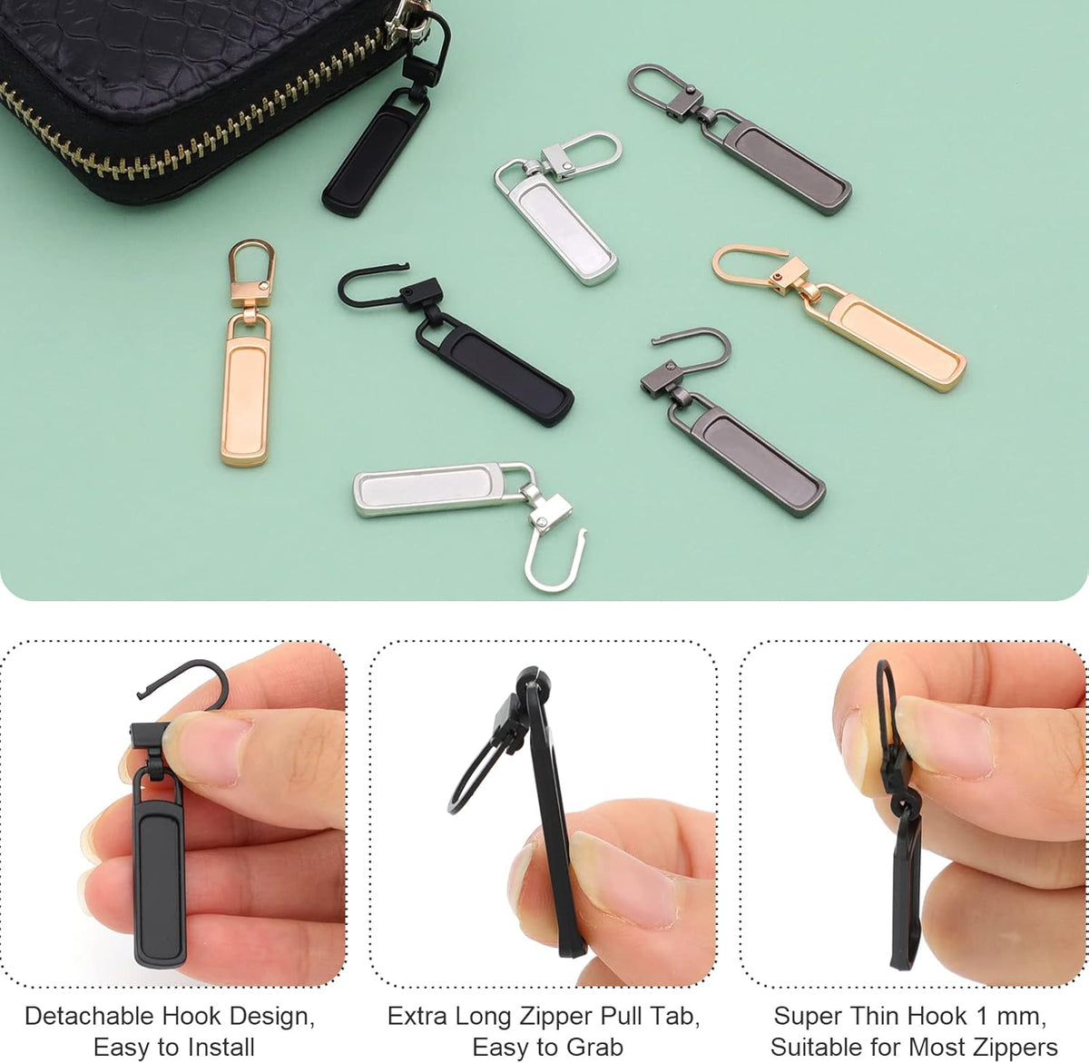 Skiennix Zipper Pull Replacement - 10 Detachable Sliders for Luggage, Jackets & More | Silver, Black, Gold, Gun Black