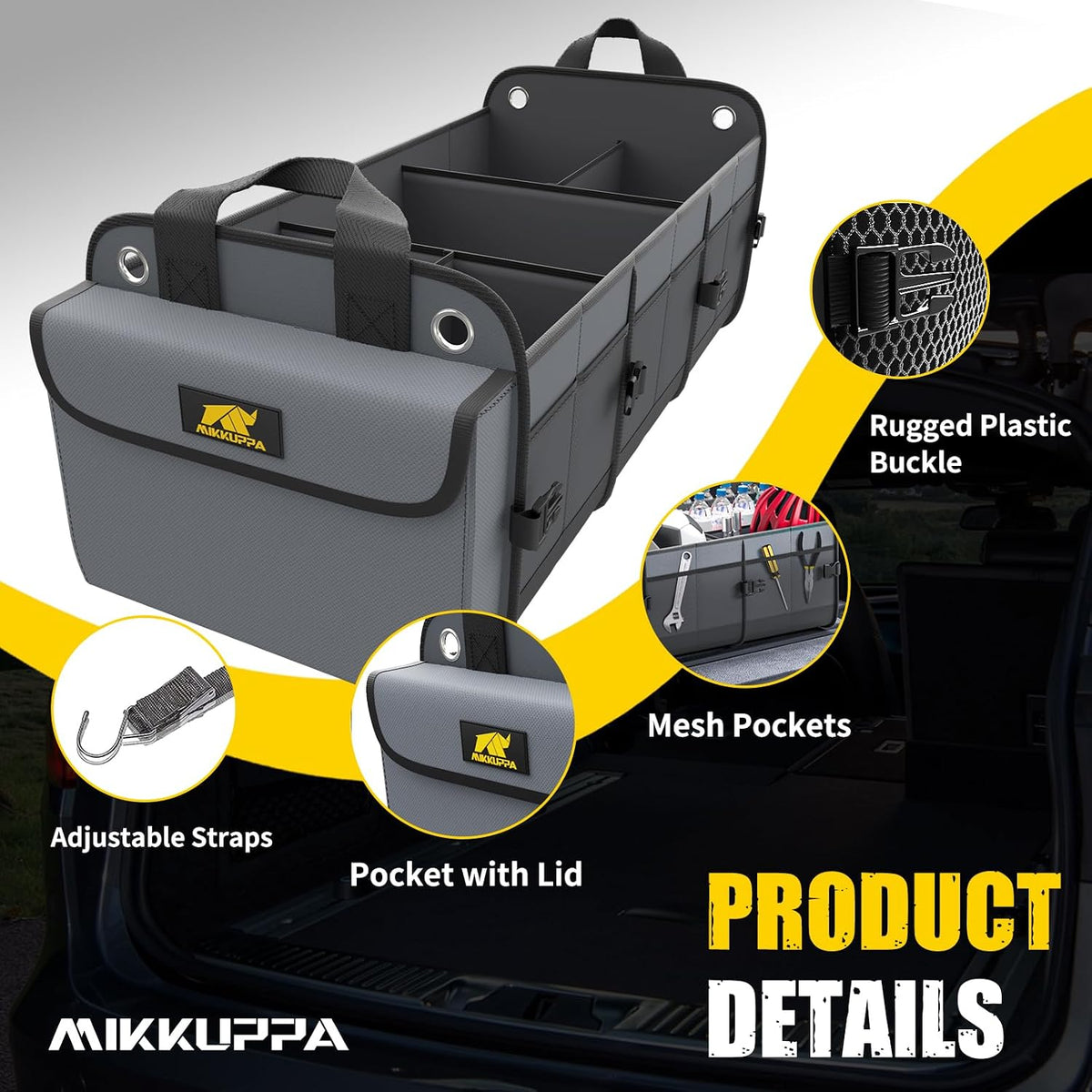MIKKUPPA Car Trunk Organizer with Cooler, 100L, Premium Material, Gray | Collapsible Heavy Duty Large Car Organizer, Sturdy Trunk Storage for SUV with Adjustable Straps and Non Slip Bottom