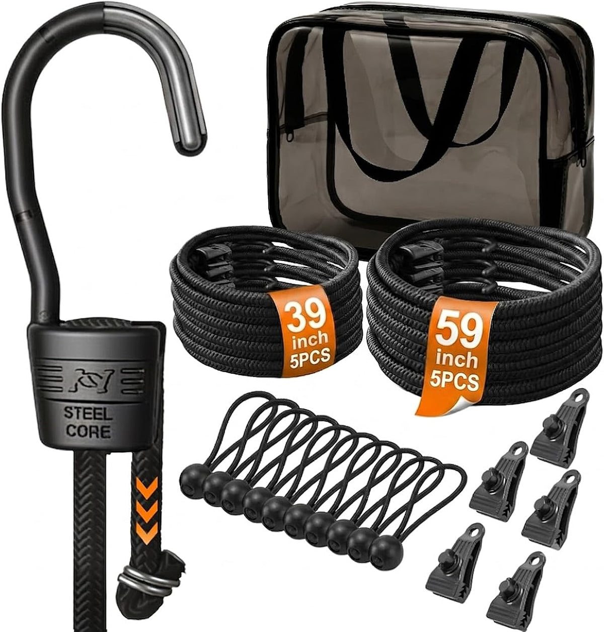 Adjustable Bungee Cords with Hooks Heavy Duty Outdoor (26 Pcs), 3mm Steel Core Anti-Scratch Hooks, Premium Elastic Cord Set with Tarp Clips & Ball Bungees for Camping Gear, Tie Downs & Garage