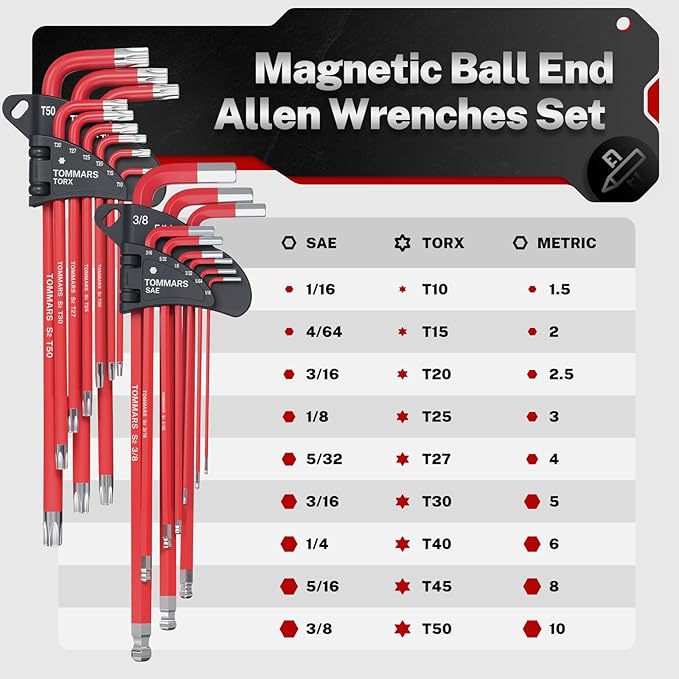 TOMMARS Hex Key Set Magnetic Ball End S2 Steel With T-Handle Hex Key Allen Wrench Set SAE(1/16"-3/8") Metric(1.5mm-10mm) TORX(T10-T50)