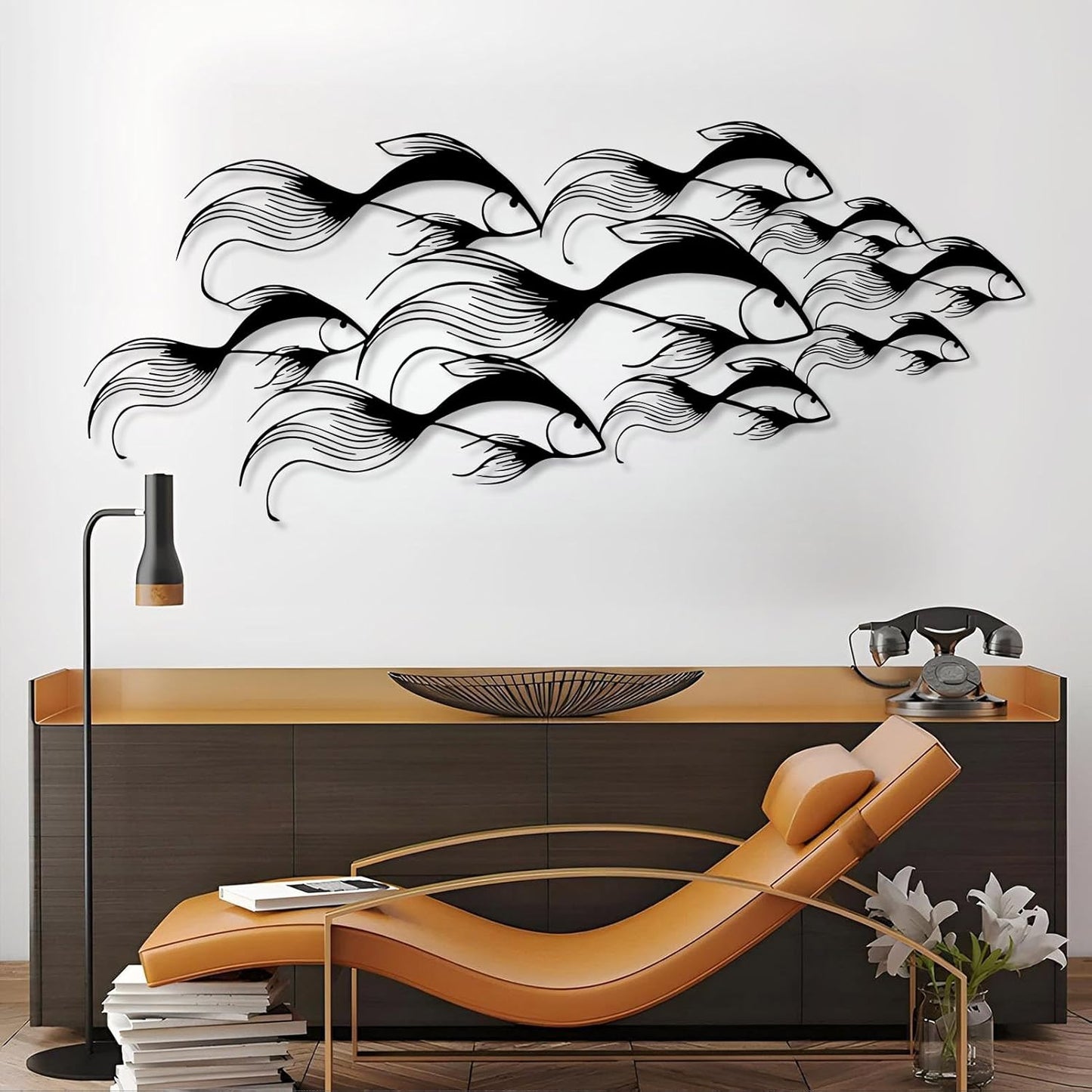 School of Fish Metal Wall Art, Metal Fish Wall Decor, Sea Life Wall Art, Large Nautical Wall Hanging, Modern Beach House Wall Decor, Ocean Themed Artwork for Bathroom (White, 30"x12" | 76x32cm)