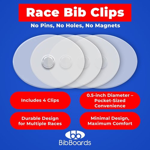 BibBoards BibSNAPS Clear Race Bib Clips - Secure Fasteners for Running & Cycling - Easy to Use, Non-Magnetic (4 Pack)