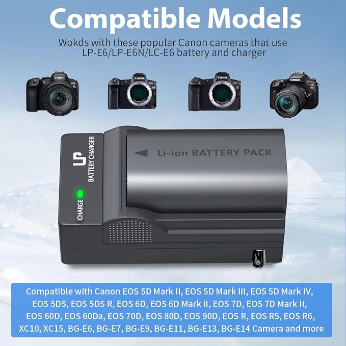 LP LP-E6 LP-E6N Battery and Charger Pack, 7D Mark II, 6D Mark II, 5D Mark IV
