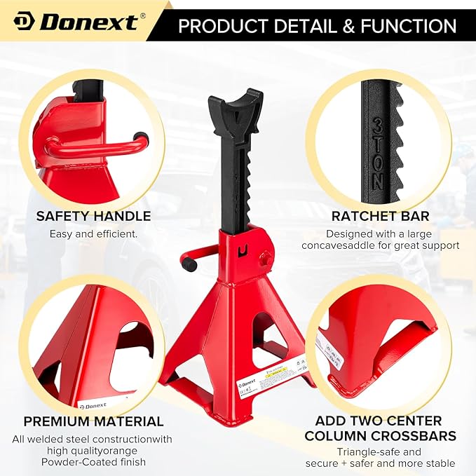 Donext Jack Stands 3 Ton (6,500 lb) Capacity Steel, 1 Pair Red Lifting Stand Adjustable Jack Stands