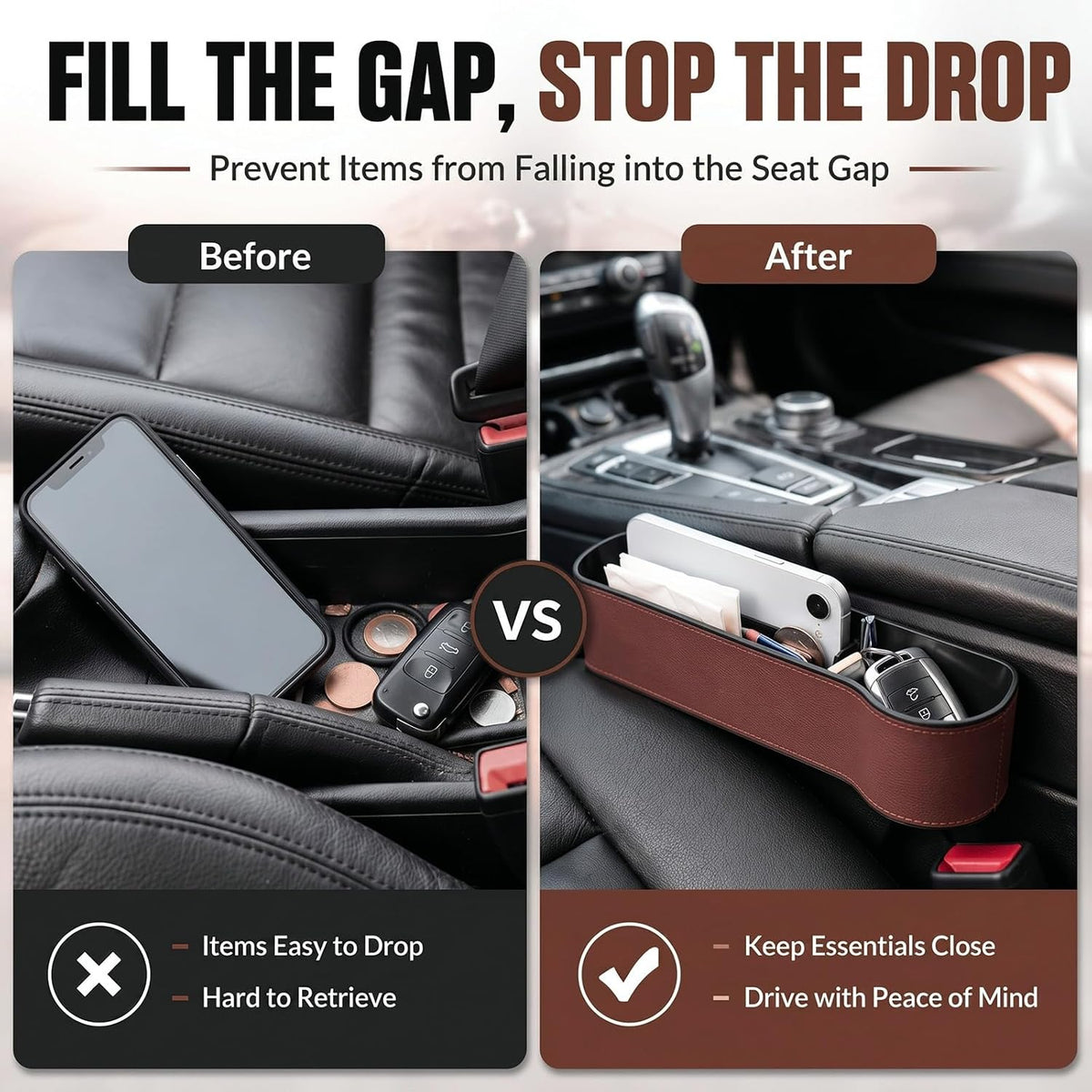 BBTO 2 Pack Car Seat Gap Filler Organizer with Cup Holder, Brown PU Leather
