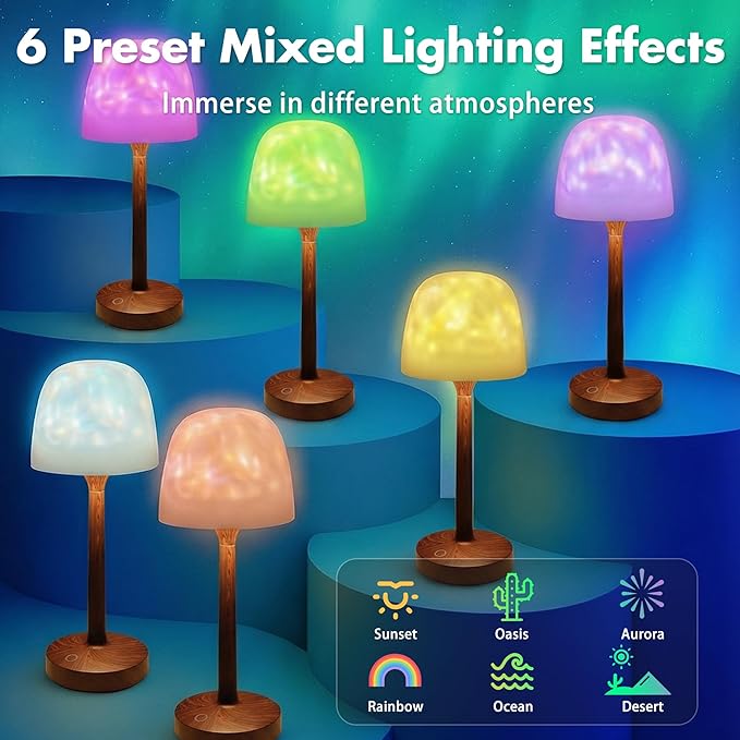 Waterproof Shower Lamp for Inside Shower, Rechargeable Bathroom Lamp with Remote & Touch Control, Cordless Shower Light with 16 Color Changeable, LED Ocean Wave Projector Light for Spa, Walnut Wood