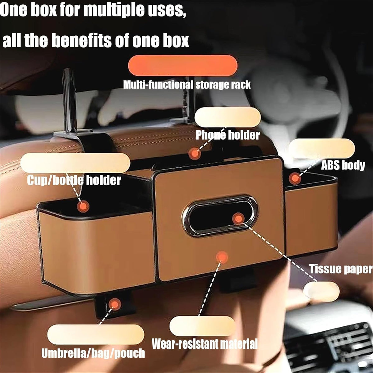 Car Backseat Organizer with Cup Holder, Tissue Box, Trash Bin & Hooks, 3-in-1 Multifunctional Back Seat Car Organizer for Hold Phones, Snacks, Drinks, and Handbags, Gifts for Car Owners (Beige)