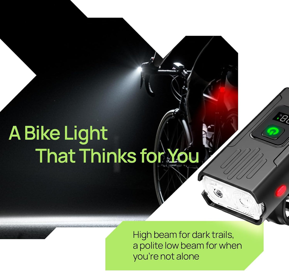 R15 Smart Bike Lights Set - USB C Rechargeable Front & Back Lights | 500 Lumen Waterproof for Night Riding