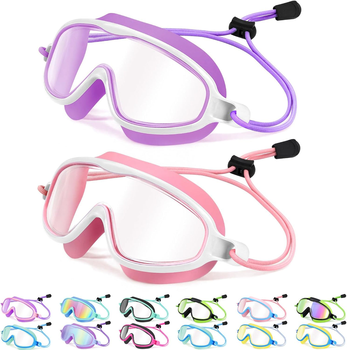 Vvinca Kids Swim Goggles - Wide View Anti-Fog UV Protection | Bungee Strap for Ages 3-14