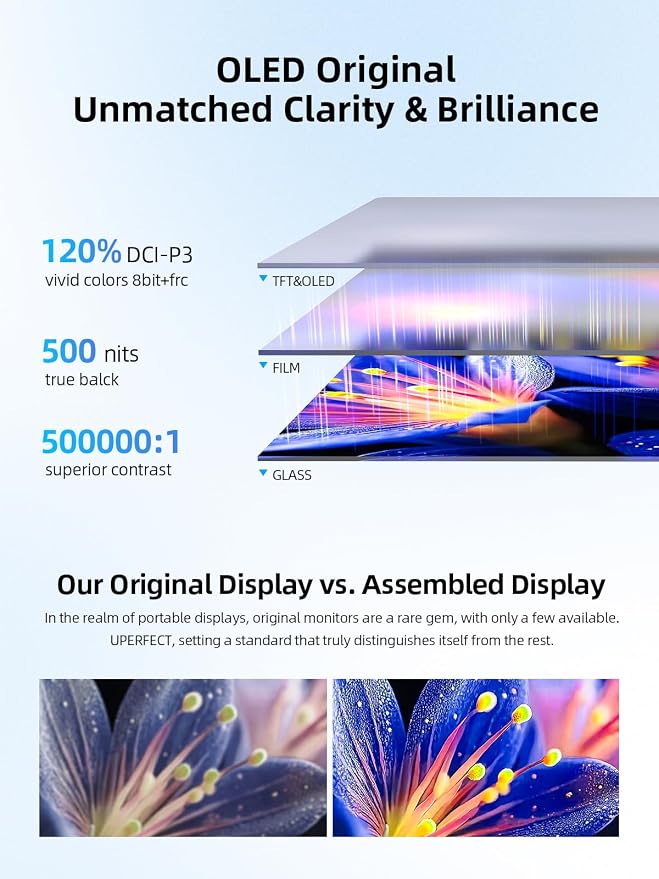 UPERFECT Touchscreen OLED Portable Monitor 14", 3K 2880x1800 | 120Hz | 0.1ms Portable Gaming Monitor, 500 Nits |120% DCI-P3 | 500000:1 | Ultra-Slim Design for Laptop Mini PC Phone Game Consoles