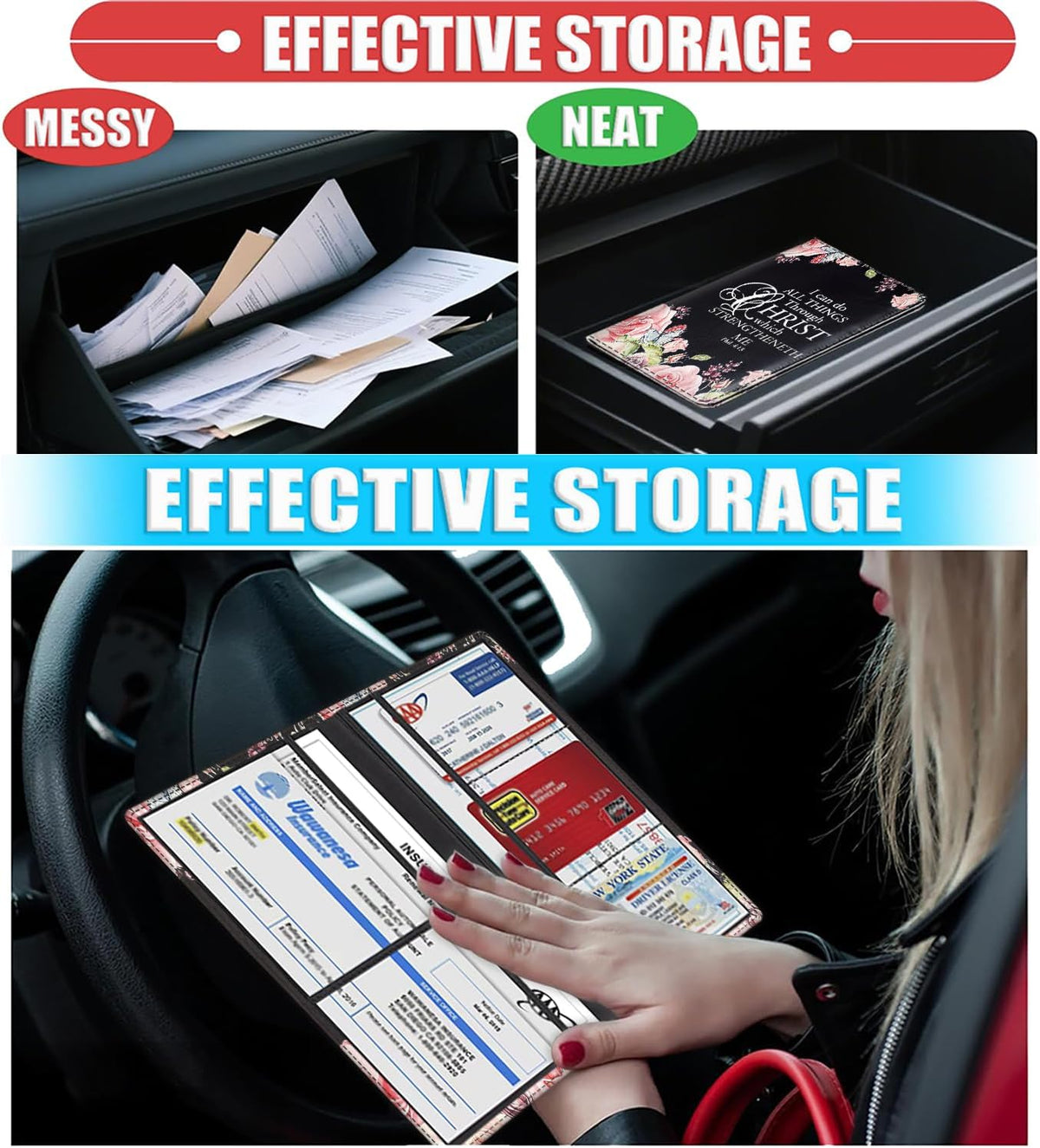 Car Document Holder with Magnetic Shut, PU Car Registration & Insurance Card Holder for Driver License, Cards & Essential Documents, Vehicle Glove Box Organizer, Christian Bible Verse Phil 4:13