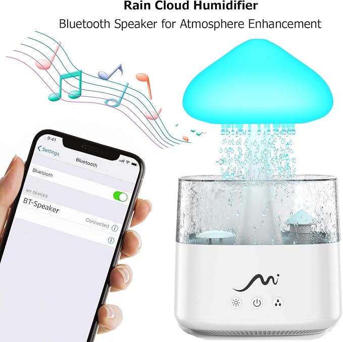 Rain Cloud Humidifier for Bedroom with Remote Control, Built-in Sound Speaker, Aromatherapy Water Drip Diffuser, LED Night Light & Raindrop Sounds for Sleep and Relaxation