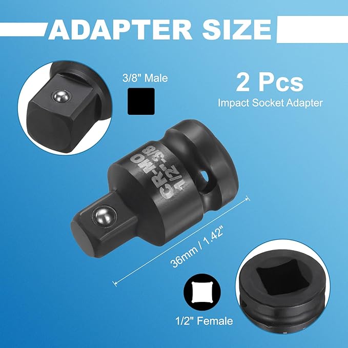 HARFINGTON 2pcs Impact Socket Adapter 1/2" Female to 3/8" Male Square Drive Reducer Standard SAE CR-MO Steel Converter Impact Driver Ratchet Wrench Breaker Bar Conversion, Black