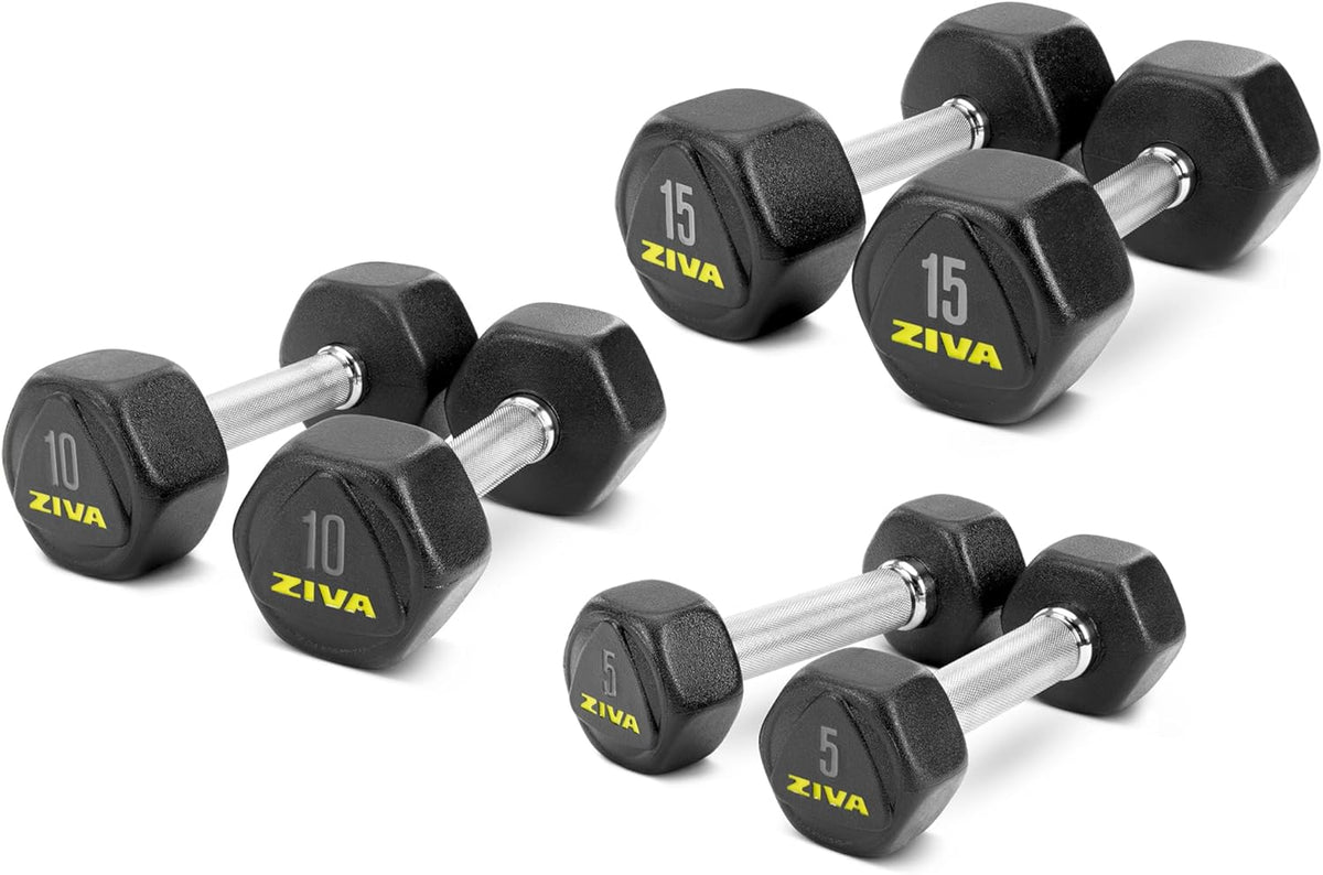 ZIVA Premium Hex Dumbbells - Commercial Grade Rubber Urethane Coated Free Weights for Home Gym | Durable Steel Core, Sold in Pairs and Sets