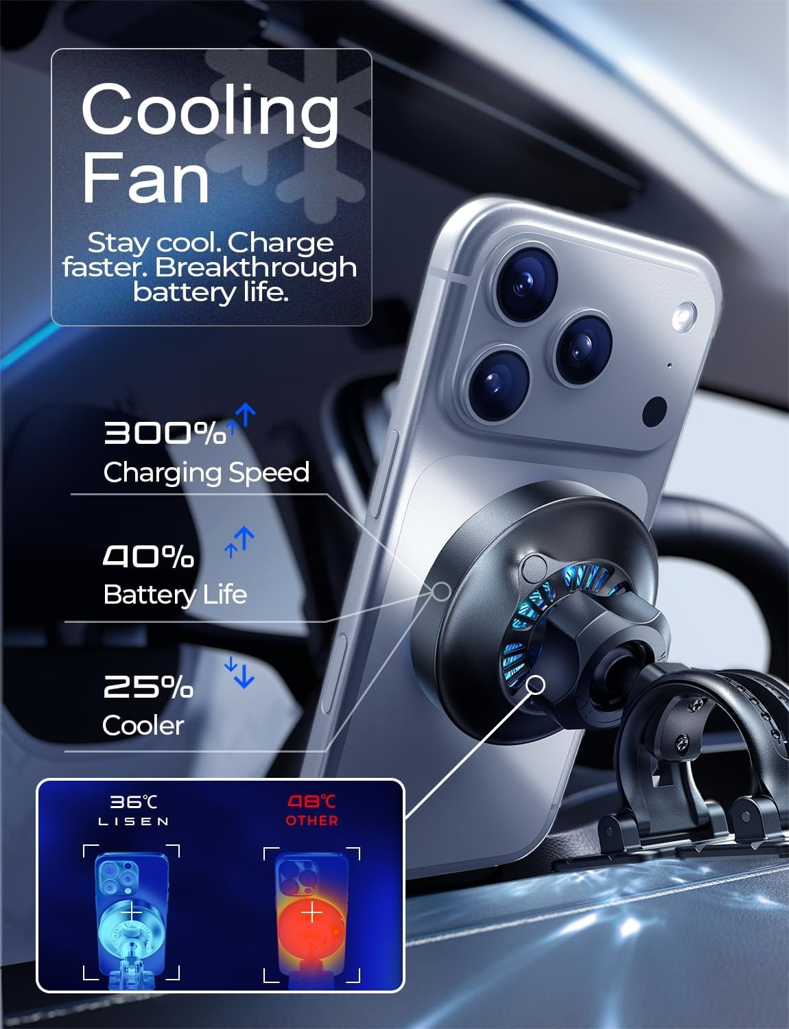 LISEN Qi2.2 MagSafe Car Mount Charger 25WFastcharging for iPhone 18 Pro Max