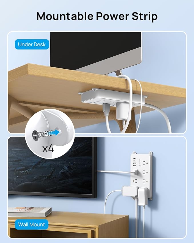TROND Power Strip Surge Protector, 7 Widely Spaced Outlets with 2 USB A and 2 USB C, ETL Listed 1700J, Wall Mount, Flat Plug 5ft Extension Cord 14AWG Heavy Duty, for Home, Office Garage, White
