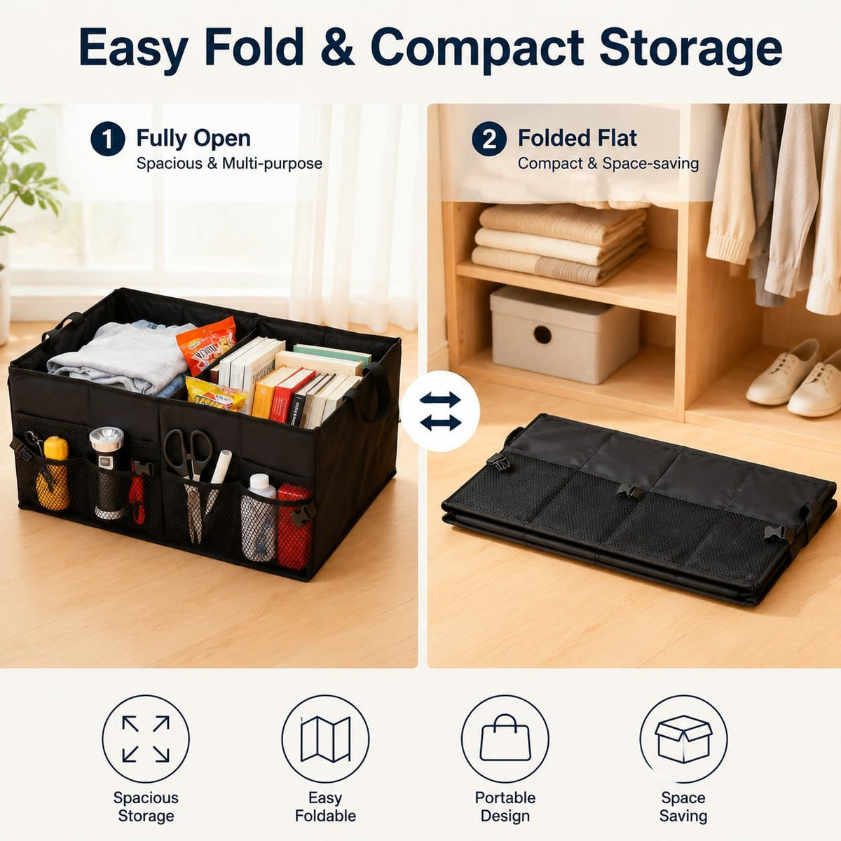Collapsible Car Trunk Organizer with Leak-Proof Base, Adjustable Sections | Folds flat. Waterproof Oxford fabric, leak-proof base. Fits sedans, SUVs, trucks. Organizador maletero plegable